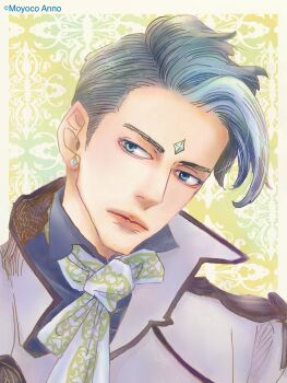 Rule 34 | 1boy, anno moyoco, artist name, blue eyes, blue shirt, closed mouth, colorized, earrings, facial mark, fumitsukimachi8, glacier (sugar sugar rune), high collar, highres, jewelry, looking to the side, male focus, shirt, short hair, solo, sugar sugar rune, upper body