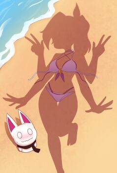 1girl absurdres artist_self-insert beach bikini blush closed_mouth commentary double_v dressed_shadow_(meme) english_commentary extra_arms hand_puppet highres implied_nudity looking_up meme nelly_(xyronii) original outdoors pointy_ears ponytail puppet purple_bikini shadow standing standing_on_one_leg swimsuit unworn_bikini v xyronii