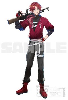 Rule 34 | 1boy, absurdres, belt, black pants, black shirt, boots, braid, commentary, fingerless gloves, flower stand art, full body, gloves, gradient hair, green eyes, gun, hand on own hip, hand up, highres, holding, holding gun, holding weapon, icci 1, lauren iroas, long hair, long sleeves, looking at viewer, male focus, multicolored hair, nijisanji, official alternate costume, pants, pants tucked in, parted bangs, ponytail, red boots, red gloves, red hair, red shirt, rifle, sample watermark, shirt, shirt tucked in, side ponytail, simple background, single braid, virtual youtuber, watermark, weapon, white background, white belt