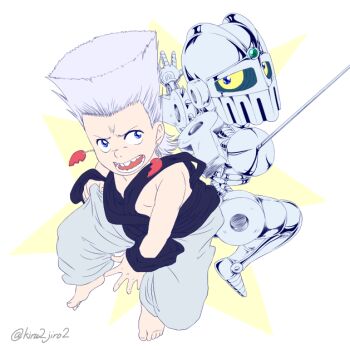 2boys age_regression aged_down barefoot blue_eyes chibi earrings flattop grey_hair jean_pierre_polnareff jewelry jojo_no_kimyou_na_bouken male_focus multiple_boys oversized_clothes rapier silver_chariot stand_(jojo) sword weapon yomejirou