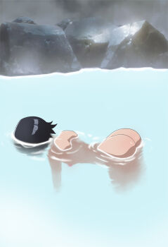 1girl absurdres afloat ass ass_focus bathing bent_over black_hair bleach bleach:_sennen_kessen-hen butt_crack commission commissioner_upload completely_nude face_down faceless faceless_female female_focus food fruit highres in_water kubo_tite_(style) kuchiki_rukia nude onsen partially_submerged ripples rozuberry shiny_skin short_hair solo solo_focus source_request steam top-down_bottom-up unconscious water