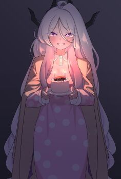 1girl absurdres black_horns blue_archive blush cake candle candlelight cardigan_on_shoulders commentary_request commission demon_horns dress food hair_between_eyes happy happy_birthday highres hina_(blue_archive) holding holding_cake holding_food horns long_hair looking_at_viewer pixiv_commission polka_dot polka_dot_dress purple_eyes simple_background solo standing suga_kiiha very_long_hair white_hair