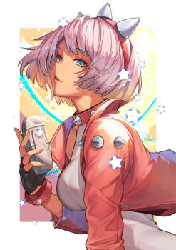 1girl black_gloves blue_eyes border breasts collar cropped_jacket dress elphelt_valentine fingerless_gloves gloves grey_hair guilty_gear guilty_gear_strive hairband hinoru_saikusa jacket large_breasts pink_collar pink_jacket short_hair solo spiked_collar spiked_hairband spikes upper_body white_border white_dress