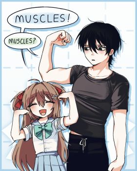 1boy 1girl absurdres black_eyes black_hair black_pants black_shirt blue_eyes blue_skirt bow bowtie brown_hair closed_eyes commentary dress_shirt english_commentary english_text green_bow green_bowtie hair_between_eyes hair_ornament hair_ribbon heart heart_hair_ornament highres long_hair neuro-sama open_mouth owo_uou pants parted_lips pleated_skirt red_ribbon ribbon shirt shirt_tucked_in short_hair short_sleeves skirt solid_circle_eyes speech_bubble two_side_up upper_body vedal987 vedal_ai white_shirt