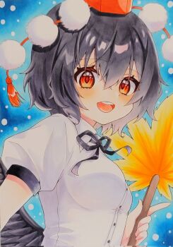 1girl :d black_hair black_ribbon black_wings blush buttons collared_shirt commentary corrupted_twitter_file hair_between_eyes hat hauchiwa highres holding looking_at_viewer neck_ribbon open_mouth orange_eyes pipi_attopipi pom_pom_(clothes) puffy_short_sleeves puffy_sleeves ribbon shameimaru_aya shirt short_hair short_sleeves smile solo tassel tokin_hat touhou traditional_media upper_body white_shirt wings