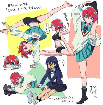 2girls amate_yuzuriha ankle_boots ankle_socks balancing bare_legs barefoot bike_shorts bike_shorts_under_skirt black_hair black_socks black_sports_bra blue_jacket blue_shirt boots collared_shirt diagonal-striped_clothes diagonal-striped_necktie exercising flexible full_body grey_socks gundam gundam_gquuuuuux hair_between_eyes handstand highres holding_own_leg jacket legs_apart long_hair long_sleeves multiple_girls multiple_views necktie nyaan_(gundam_gquuuuuux) one_arm_handstand petit red_hair rsuhima shirt short_hair simple_background sitting socks split sports_bra standing standing_on_one_leg standing_split stretching striped_clothes sweater