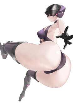 1girl absurdres android ass back black_gloves breasts closed_mouth commission covered_eyes expressionless girls&#039;_frontline gloves helmet highres hip_attack leotard looking_back mechanical_legs purple_leotard sangvis_ferri saturndxy skeb_commission vespid_(girls&#039;_frontline)