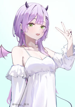 1girl alternate_costume black_nails commentary_request demon_girl demon_horns demon_tail demon_wings dress fang green_eyes hair_ornament hairpin highres hiragi_1014 hololive horns looking_at_viewer medium_hair nail_polish skin_fang smile solo tail tokoyami_towa v virtual_youtuber white_dress wings