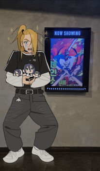 1boy absurdres belt black_belt black_shirt casual chainsaw_man character_doll commentary_request crying deidara_(naruto) denji_(chainsaw_man) doll earrings full_body grey_pants guinea_no_akuma hair_over_one_eye high_ponytail highres holding holding_doll jewelry korean_commentary layered_sleeves long_sleeves male_focus naruto_(series) naruto_shippuuden pants photo_background ponytail reze_(chainsaw_man) shirt shoes short_over_long_sleeves short_sleeves sneakers snot solo streaming_tears stud_earrings tears twitter_username white_shoes