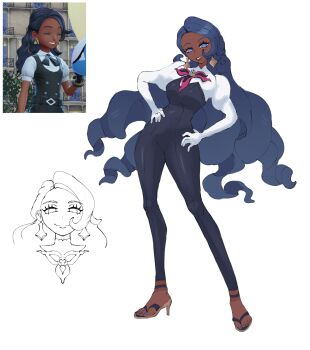 1girl alternate_skin_color big_hair blue_hair bodysuit character_request dark-skinned_female dark_skin earrings highres jewelry long_hair nintendo official_alternate_hair_color official_alternate_skin_color pokemon pokemon_legends:_z-a puffy_sleeves reference_inset smile ssephyr standing very_long_hair