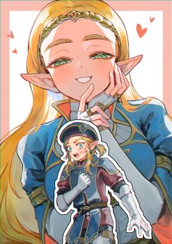 beret blonde_hair blue_dress blue_eyes blue_tabard blush border breasts doujinshi_cover_trope_(trend) dress earrings fingerless_gloves gloves gold_trim green_eyes hand_on_own_cheek hand_on_own_chest hand_on_own_face hat heart heart-shaped_pupils jewelry layered_sleeves link long_hair low_ponytail medium_breasts medium_hair military_hat military_uniform nintendo open_mouth parted_lips pink_border pointy_ears ponytail princess_zelda rain_rkgk royal_guard_set_(zelda) smile sweatdrop symbol-shaped_pupils tabard the_legend_of_zelda the_legend_of_zelda:_breath_of_the_wild thick_eyebrows tiara white_background white_gloves wide-eyed