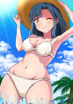 1girl bikini blue_hair blue_sky breasts brown_hat cleavage cloud day groin hat highres holding holding_unworn_clothes holding_unworn_hat idolmaster idolmaster_million_live! medium_breasts mimiu_p nanao_yuriko outdoors palm_tree sky smile solo sun_hat swimsuit tree unworn_hat unworn_headwear wading water white_bikini yellow_eyes