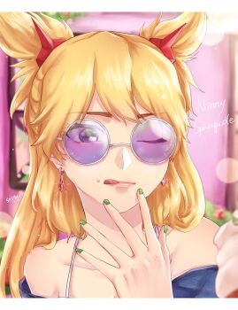 Rule 34 | 1046sstep btoh, 1girl, bare shoulders, blonde hair, burn the witch, character name, commentary, crystal earrings, earrings, food, food on face, green nails, highres, ice cream, jewelry, long hair, mismatched eyebrows, ninny spangcole, one eye closed, pink lips, portrait, purple-tinted eyewear, signature, solo, sunglasses, tinted eyewear, tongue, tongue out, two side up