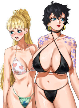 2girls absurdres arm_tattoo bikini black_bikini blonde_hair blue_eyes blunt_bangs blush breasts commentary criss-cross_straps doll_(one_piece) earrings heart heart_print hibari_(one_piece) highres hoop_earrings jewelry joy_boy_(jerrydurd) large_breasts meme mom_and_her_daughter_(meme) multiple_girls nervous nervous_sweating one_piece ponytail red_lips simple_background sweat swimsuit tattoo