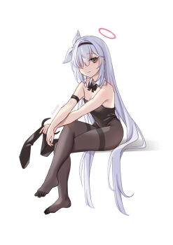 1girl absurdres alternate_costume animal_ear_hairband animal_ears arm_strap artist_name asagiri_ai bare_shoulders black_armlet black_bow black_bowtie black_hairband black_leotard black_pantyhose blue_archive bow bowtie braid breasts closed_mouth collarbone commentary crossed_legs detached_collar dot_nose fake_animal_ears feet full_body grey_eyes grey_hair hair_between_eyes hair_bow hair_over_one_eye hair_ribbon hairband halo highleg highleg_leotard highres holding_hairband invisible_chair leotard light_smile loli long_hair looking_at_viewer no_shoes one_eye_covered pantyhose plana_(blue_archive) playboy_bunny rabbit_ears red_halo ribbon simple_background single_braid sitting small_breasts smile solo straight_hair strapless strapless_leotard thighband_pantyhose thighs toes v_arms very_long_hair white_background white_bow white_ribbon