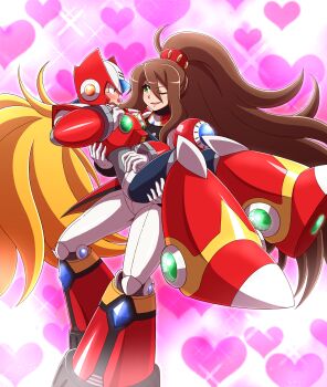 1boy 1girl ;d absurdres android armor blonde_hair blue_eyes blush border brown_hair carrying carrying_person chest_jewel fading_border forehead_jewel frown full_body gloves green_eyes heart heart_background helmet high_ponytail highres holding iris_(mega_man) iris_another_(mega_man) jewelry joints long_hair mega_man_(series) mega_man_x_(series) mega_man_x_dive nobuyu_(77yusei) one_eye_closed open_mouth ponytail red_armor red_helmet robot robot_ears robot_girl robot_joints shoulder_armor shoulder_jewel smile turtleneck very_long_hair white_gloves zero_(mega_man)