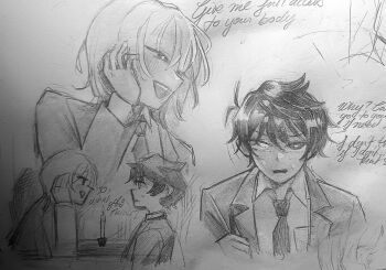 Rule 34 | 2boys, akinashi haru, blush, breast pocket, bright pupils, collared shirt, commentary, cursive, english commentary, english text, graphite (medium), greyscale, highres, jacket, long sleeves, looking at another, looking at viewer, male focus, medium hair, monochrome, multiple boys, necktie, open clothes, open jacket, open mouth, photo (medium), pocket, saihate eki, shirt, short hair, suit jacket, tatsunami shion, teeth, tosteurmori, traditional media, upper teeth only, white pupils