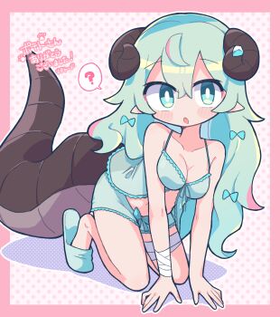 1girl :o ? babydoll bandaged_arm bandaged_leg bandages black_horns blush_stickers border borrowed_character bow breasts bright_pupils cleavage collarbone commentary_request commission curled_horns double-parted_bangs dragon_girl dragon_horns dragon_tail fang full_body green_babydoll green_bow green_eyes green_hair green_shorts green_slippers hair_between_eyes hair_bow highres horns long_hair looking_at_viewer medium_breasts navel open_mouth original outline outside_border pink_border pointy_ears polka_dot polka_dot_background richard_(richaball) short_shorts shorts skeb_commission slippers solo spoken_question_mark tail white_background white_outline white_pupils