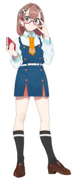 Rule 34 | 1girl, belt, black eyes, black socks, book, brown hair, brown shoes, closed mouth, collared shirt, dress, earrings, female focus, full body, glasses, head tilt, hitomi chris, holding, holding book, hololive, jewelry, kneehighs, loafers, long sleeves, looking at viewer, machi (wm), necktie, official art, orange necktie, red-framed eyewear, semi-rimless eyewear, shirt, shoes, socks, solo, standing, transparent background, under-rim eyewear, virtual youtuber, white shirt, wing collar