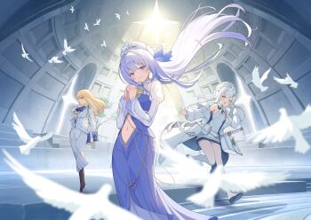3girls ascot bastelina_(stella_sora) binder bird black_shoes blonde_hair breasts character_request clothing_cutout coat collared_dress dove dress flats floating_hair formal_clothes game_cg grace_imperium_(stella_sora) green_eyes grey_eyes grey_hair grin hair_intakes hat highres holding holding_binder indoors interlocked_fingers jacket juliet_sleeves large_breasts long_hair long_sleeves looking_at_viewer multiple_girls navel navel_cutout non-web_source off_shoulder official_art open_clothes open_coat own_hands_clasped own_hands_together pant_suit pants pantyhose profile puffy_sleeves purple_dress red_eyes shoes short_dress sleeveless sleeveless_dress small_breasts smile stella_sora suit telescope very_long_hair white_bag white_coat white_dress white_hat white_jacket white_pantyhose yellow_ascot