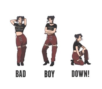 1girl arms_behind_head black_boots black_choker black_eyes black_gloves black_hair black_shirt boots choker commentary crop_top cropped_shirt english_commentary english_text fingerless_gloves gloves highres il1023il midriff naruto_(series) naruto_shippuuden no_navel on_one_knee pants red_pants shirt single_fingerless_glove t-shirt tenten_(naruto)