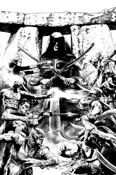 2020 assault_rifle avengers_(series) black_widow blood bodysuit character_request claws clenched_teeth commentary cowl dark dual_wielding english_commentary face_in_shadow firing gun handgun highres holding holding_gun holding_sword holding_weapon hood hood_up marvel monochrome muscular muscular_male natasha_romanoff open_mouth rifle shell_casing skull stonehenge superhero_costume sword teeth the_punisher_(character) the_punisher_(series) valerio_giangiordano veins veiny_arms weapon wolverine_(x-men) x-men