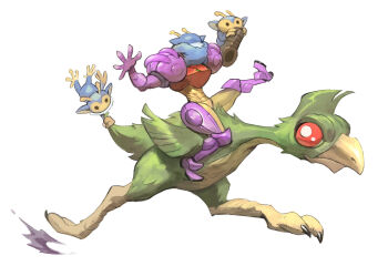 1girl arm_cannon armor blue_fur clinging commentary dachora_(metroid) english_commentary etecoon_(metroid) feathers garrett_hanna gravity_suit_(metroid) green_feathers highres metroid nintendo pauldrons power_suit_(metroid) riding running samus_aran shoulder_armor simple_background super_metroid weapon white_background