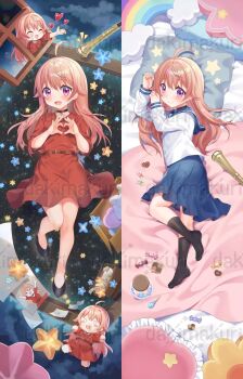 1girl :d ^_^ ahoge arm_up black_choker black_shoes black_socks blue_sailor_collar blue_skirt blush candy_wrapper character_doll checkerboard_cookie choker closed_eyes closed_mouth cookie craytm dakimakura_(medium) doll dress food frilled_pillow frills hand_up heart highres knee_up long_hair long_sleeves lying multiple_views no_shoes notice_lines on_back on_side open_mouth pillow pink_hair pleated_skirt puffy_long_sleeves puffy_sleeves purple_eyes red_dress sailor_collar school_uniform serafuku shirt shoes skirt smile socks star_(symbol) very_long_hair wakatsuki_nico watermark white_shirt witch_watch