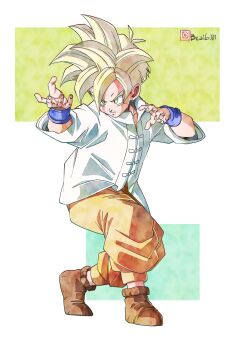 1boy absurdres beatlo_(rodrigo38658978) blonde_hair brown_pants brown_shoes chinese_clothes dragon_ball dragonball_z fighting_stance full_body green_eyes highres instagram_username official_alternate_costume pants shirt shoes solo son_gohan super_saiyan super_saiyan_1 v-shaped_eyebrows white_shirt wristband