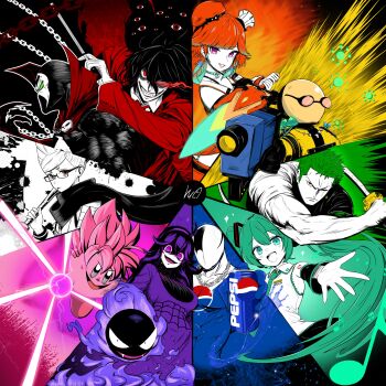 absurdres aiming alternate_breast_size_(larger) alucard_(hellsing) aqua_eyes aqua_hair ayase_seiko baseball_bat beamed_eighth_notes breasts can chain cigarette coat color_wheel_challenge commando_(risk_of_rain) commentary cosplay crazy_grin crazy_smile dandadan detached_sleeves dragon_ball dragon_ball_super dress drink_can energy_ball english_commentary evil_smile flaming_eye gastly gen_1_pokemon glasses goku_black goku_black_(cosplay) gradient_hair green_eyes green_hair grey_eyes gun hatsune_miku hellsing helmet hex_maniac_(pokemon) hex_maniac_(pokemon_xy) highres holding holding_baseball_bat holding_gun holding_sword holding_weapon hololive hololive_english jacket kirby kirby_(series) large_breasts lughost multicolored_hair multiple_drawing_challenge multiple_hats muscular muscular_male musical_note nintendo number_tattoo one_eye_closed one_piece orange_hair pepsi pepsiman pepsiman_(game) pink_hair pokemon pokemon_(creature) pokemon_xy purple_dress purple_eyes purple_hair reaching reaching_towards_viewer red_coat red_eyes risk_of_rain_(series) risk_of_rain_2 roronoa_zoro scar scar_across_eye scar_on_face scarf shirt shoulder_tattoo sixteenth_note sleeveless sleeveless_shirt smile soda_can spawn_(comic) spawn_(spawn) sunglasses super_saiyan super_saiyan_rose superhero_costume sword takanashi_kiara tattoo twintails virtual_youtuber vocaloid weapon