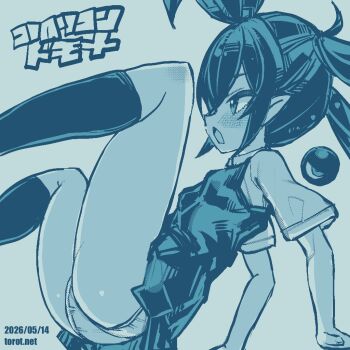 1girl :o arm_support ass backbeako_(torotei) backbeard blue_background blue_theme blush bow breasts collared_shirt commentary crab_walk dated dated_commentary feet_out_of_frame from_side gegege_no_kitarou hair_bow kneehighs knees_up kono_lolicon_domome long_hair monochrome open_mouth original paid_reward_available panties pantyshot pleated_skirt pointy_ears profile shirt short_sleeves simple_background skirt small_breasts socks solo torotei translated twintails underwear vest watermark web_address