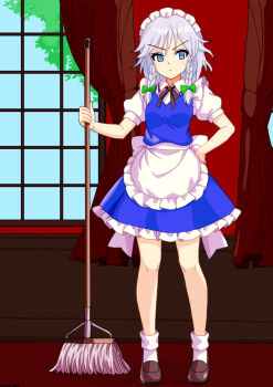 1girl apron back_bow black_bow black_bowtie blue_dress blue_eyes bow bowtie braid brown_shoes closed_mouth collared_shirt commentary_request curtains dress frilled_dress frills full_body green_bow grey_hair hair_bow highres holding holding_mop izayoi_sakuya loafers long_hair maid maid_headdress mist9801km mop puffy_short_sleeves puffy_sleeves shirt shoes short_sleeves socks solo touhou twin_braids waist_apron white_apron white_bow white_shirt white_socks window