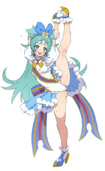 1girl :d ankle_boots blue_bow blue_eyes blue_hair blush boots bow breasts commentary earrings flipped_hair flying_sweatdrops frilled_leotard frills full_body gloves hair_bow hand_on_own_arm highres holding_own_leg jewelry leg_up leotard long_hair looking_at_viewer magical_girl mo_(boo1719501boo) open_mouth princess_ripple princession_orchestra puffy_short_sleeves puffy_sleeves short_sleeves showgirl_skirt small_breasts smile solo sorano_minamo split standing standing_on_one_leg standing_split teeth upper_teeth_only very_long_hair white_background white_boots white_gloves white_leotard