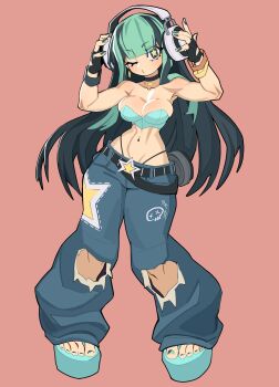 1girl absurdres bare_arms belt black_belt black_choker black_gloves blue_eyes blue_hair blue_pants blue_sandals blunt_bangs breasts choker closed_mouth collarbone commentary crop_top denim fingerless_gloves full_body gloves hands_on_headphones headphones highres jeans large_breasts long_hair looking_at_viewer multicolored_hair navel navel_piercing nezo nova_(exnezo) one_eye_closed original pants piercing pink_background platform_sandals puckered_lips sandals simple_background solo standing star-shaped_pupils star_(symbol) star_choker stomach symbol-only_commentary symbol-shaped_pupils toes torn_clothes torn_pants two-tone_hair