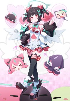 Rule 34 | > <, 3girls, absurdres, aria (human) (zenless zone zero), aria (zenless zone zero), bare shoulders, black choker, black hair, black shoes, black sleeves, black thighhighs, bow, choker, commentary, detached sleeves, dhrmawk159, full body, green bow, hair bow, halo, hand on own hip, hand up, high heels, highres, looking at viewer, multiple girls, nail polish, nangong yu, necktie, pink bow, pink hair, red eyes, red nails, red necktie, shoes, smile, solo focus, spoken character, stuffed squid, sunna (zenless zone zero), thighhighs, toenail polish, toenails, twintails, v, white wings, wings, zenless zone zero
