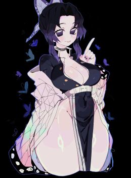 1girl bare_shoulders black_background black_hair breasts butterfly_hair_ornament cleavage cowboy_shot cropped_legs hair_ornament highres kimetsu_no_yaiba kochou_shinobu large_breasts long_sleeves nail_polish purple_eyes purple_hair shiny_skin short_hair smile solo usa37107692