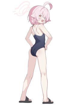 1girl ahoge arsyky14 ass bare_arms bare_legs bare_shoulders black_one-piece_swimsuit blue_archive blue_eyes blush fang from_behind full_body halo hands_on_own_hips heterochromia highres hoshino_(blue_archive) hoshino_(first_year)_(blue_archive) huge_ahoge legs_apart loli looking_at_viewer looking_back official_alternate_hair_length official_alternate_hairstyle one-piece_swimsuit open_mouth pink_hair pink_halo sandals school_swimsuit short_hair simple_background smile solo standing swimsuit v-shaped_eyebrows white_background yellow_eyes