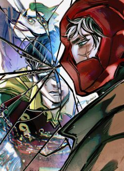 batman_(series) black_bodysuit black_gloves black_hair blue_eyes bodysuit brown_jacket dc_comics domino_mask eye_mask gloves grey_bodysuit highres jacket jason_todd male_focus mask multicolored_bodysuit multiple_boys muscular muscular_male open_clothes red_hood_(dc) red_hood_and_the_outlaws red_mask robin_(dc) short_hair superhero_costume taut_bodysuit the_joker two-tone_bodysuit xiyattica