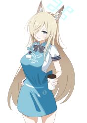 Rule 34 | 1girl, absurdres, angel&#039;s 24 uniform (blue archive), animal ear fluff, animal ears, apron, blonde hair, blue apron, blue archive, blue eyes, blue halo, blush, breasts, clenched teeth, collared shirt, cowboy shot, cup, extra ears, hair over one eye, halo, highres, holding, holding cup, kanna (blue archive), large breasts, long hair, shirt, short sleeves, simple background, solo, teeth, thomason366, white background, white shirt