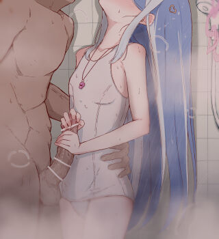 1boy 1girl bar_censor bath bathroom blue_archive blush breasts censored clothed_female_nude_male erection fubuki_(blue_archive) fubuki_(swimsuit)_(blue_archive) grabbing_another's_penis hand_on_another's_waist handjob head_out_of_frame highres implied_kiss indoors loli long_hair niss_oekaki nude official_alternate_costume one-piece_swimsuit penis school_swimsuit shower_head small_breasts standing steam straight_hair swimsuit testicles two-handed_handjob whistle whistle_around_neck white_one-piece_swimsuit