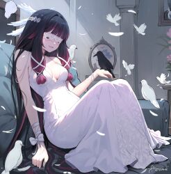 Rule 34 | 1girl, absurdres, artezahn, bare arms, bare shoulders, bird, bird on hand, black hair, blindfold, breasts, cleavage, closed eyes, columbina (genshin impact), commentary, dress, feathers, genshin impact, highres, indoors, knees up, long dress, long hair, multicolored hair, purple hair, ribbon, sitting, sleeveless, sleeveless dress, small breasts, solo, spaghetti strap, streaked hair, very long hair, white ribbon, wrist ribbon