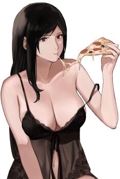 1girl babydoll bare_shoulders black_hair breasts cleavage collarbone eating female_focus final_fantasy final_fantasy_vii food highres holding holding_food italian_senate_porn_livestream_(meme) j@ck large_breasts lingerie long_hair looking_at_viewer meme navel negligee pizza red_eyes solo square_enix swept_bangs tifa_lockhart underwear