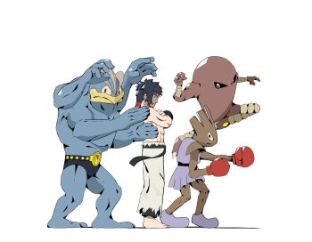 1boy abs barefoot belt black_belt black_eyes black_hair bruno_(pokemon) closed_mouth commentary crossed_arms from_side frown gen_1_pokemon highres hitmonchan hitmonlee long_hair looking_at_viewer machamp male_focus muscular muscular_male nintendo pants pokemon pokemon_(creature) pokemon_frlg psaber97 sideways_glance standing torn_clothes torn_pants white_background