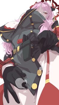 1girl black_gloves blue_archive bra bra_peek breasts from_below gloves gun halo handgun holster horns ion_(cation) large_breasts long_hair looking_at_viewer looking_down mauser_c96 military military_uniform mole mole_on_breast no_panties pink_hair pussy_juice red_eyes satsuki_(blue_archive) solo steam thighs underwear weapon