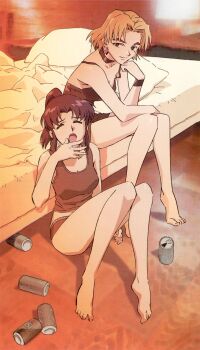 Rule 34 | 2girls, absurdres, akagi ritsuko, alcohol, barefoot, bed, beer, duplicate, feet, highres, katsuragi misato, mole, mole under eye, multiple girls, neon genesis evangelion, sepia, tsurumaki kazuya, yebisu