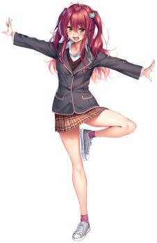 Rule 34 | 1girl, antenna hair, balancing, black sweater, blush, breasts, brown eyes, brown skirt, cat hair ornament, collared shirt, full body, grey jacket, grey shoes, hair between eyes, hair ornament, hanikami kanojo, hinoura nanaka, jacket, lapels, legs, long hair, long sidelocks, long sleeves, looking at viewer, lower teeth only, miniskirt, notched lapels, official art, one side up, open mouth, outstretched arms, piromizu, plaid clothes, plaid skirt, pleated skirt, purple socks, red hair, school uniform, shirt, shoes, sidelocks, simple background, skirt, sneakers, socks, solo, standing, standing on one leg, sweater, tachi-e, teeth, transparent background, white shirt, wing collar