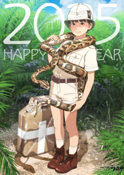 1girl 2025 absurdres animal artist_name belt belt_buckle black_hair blue_sky boots breast_pocket brown_belt brown_eyes brown_footwear brown_shirt brown_shorts buckle chinese_zodiac cloud commentary_request cumulonimbus_cloud day dirt_floor english_text fern foliage full_body hair_up happy_new_year hat helmet highres holding holding_animal holding_snake jerry_can jungle mole mole_under_mouth nature new_year original outdoors parted_lips pith_helmet pocket safari shadow shinchou_ni_kansuru_kousatsu shirt shorts sky smile snake snake_wrapped_around_neck socks standing watermark web_address white_hat white_helmet white_socks year_of_the_snake