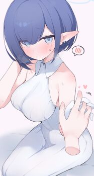 Rule 34 | 1girl, aoi (blue archive), blue archive, blue eyes, blue hair, blue halo, blush, breasts, collared dress, commentary, disembodied hand, dress, earrings, gloves, halo, highres, holding hands, hone kawa, interlocked fingers, jewelry, large breasts, long dress, looking at viewer, mole, mole under eye, pointy ears, short hair, simple background, sitting, solo focus, speech bubble, spoken blush, white background, white dress, white gloves