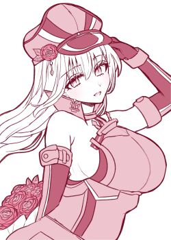 Rule 34 | 1girl, arm behind back, arm up, bare shoulders, bismarck (kancolle), blush, bouquet, breasts, commentary, detached sleeves, dress, flower, gloves, hair between eyes, hat, hat flower, highres, holding, holding bouquet, kantai collection, large breasts, long hair, looking at viewer, monochrome, nagi kantai114, open mouth, peaked cap, red theme, rose, simple background, sleeveless, sleeveless dress, solo, symbol-only commentary, upper body