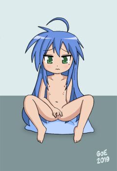 1girl 2019 barefoot blue_hair good_or_evil green_eyes izumi_konata loli lucky_star mole mole_under_eye nipples nude pussy_juice solo